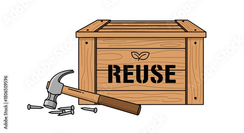 Wooden crate with the word REUSE and tools for repair and restoration