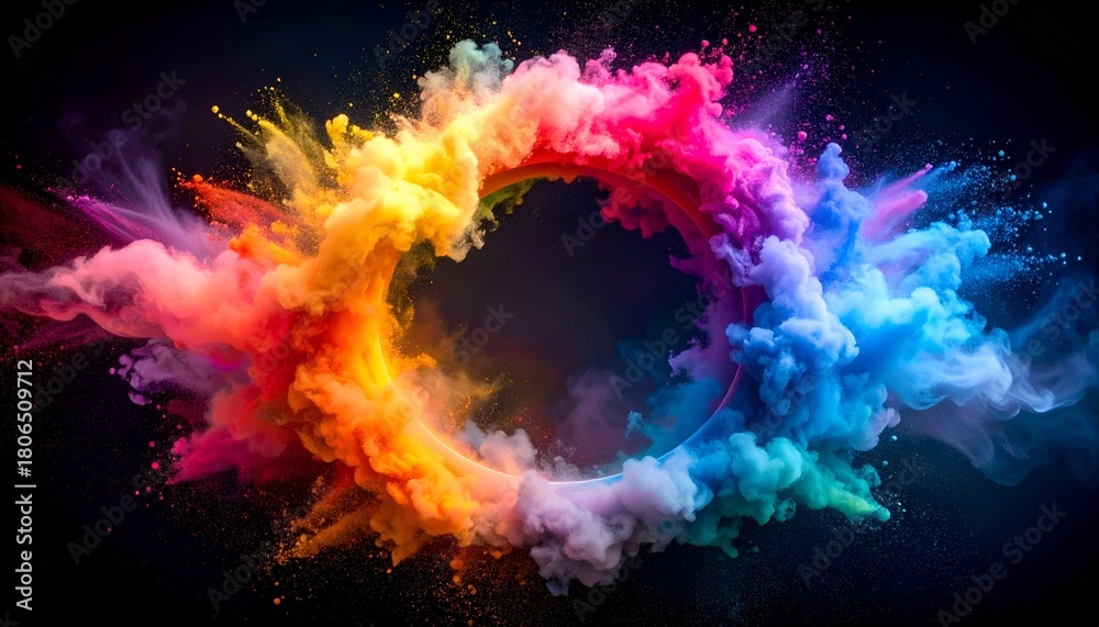 Fototapeta premium A colorful explosion of vibrant smoke and powder forming a circular shape against dark