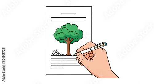 Hand Signing a Document with a Tree Illustration, Symbolizing Environmental Agreement, Nature Conservation, and Sustainable Practices