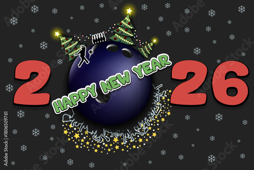Happy new year. 2026 with bowling ball, Christmas trees, bowling player and fans. Original template design for greeting card, banner, poster. Vector illustration on isolated background