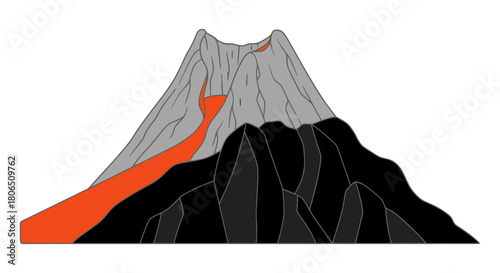 Volcanic Eruption Illustration Depicting Lava Flow from a Volcano, Educational Resource