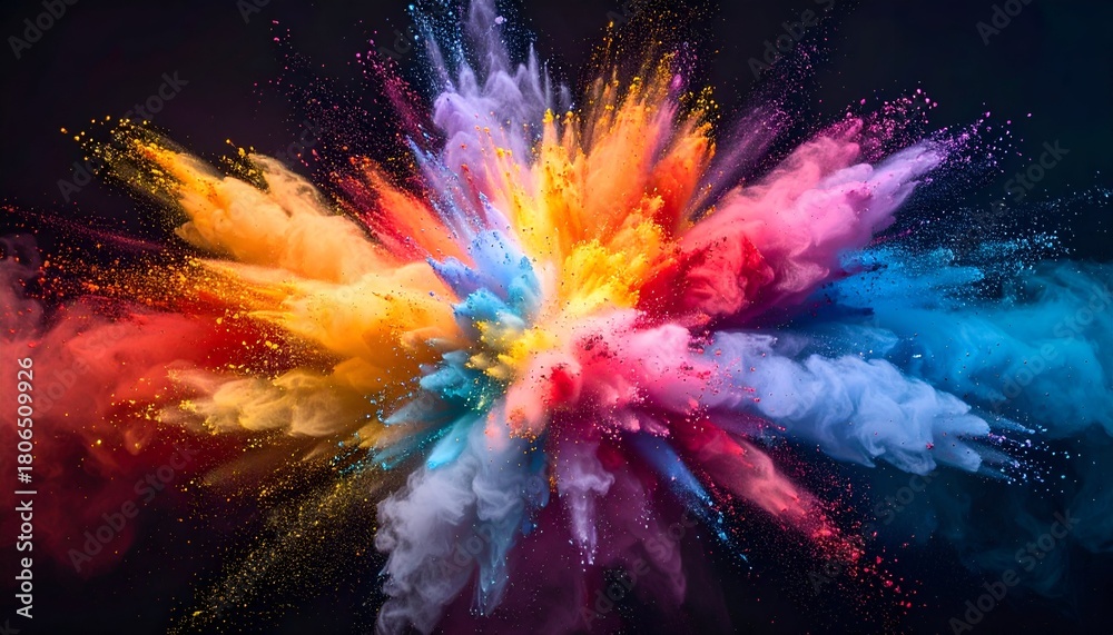 Fototapeta premium A vibrant explosion of colorful powder against a dark background, radiating outwards