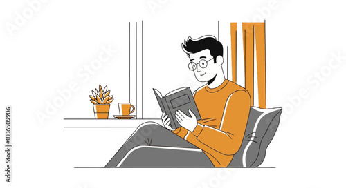 Vector illustration of a young man with glasses sitting comfortably by a window, engrossed in reading a book at home during his leisure time