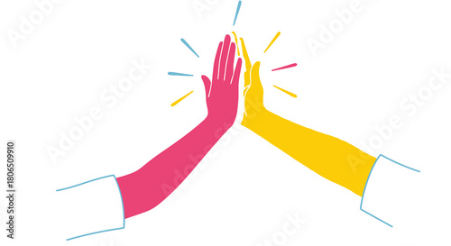 Two colorful hands giving a high-five, symbolizing teamwork, achievement, and positive energy in a joyful celebration of collaboration and success