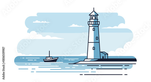 Seascape illustration featuring a coastal lighthouse guiding a boat on the ocean under a cloudy sky