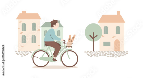 Man riding a bicycle past buildings with baguettes in a basket