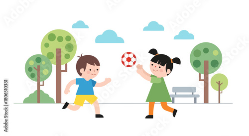 Happy children playing soccer in a park, enjoying outdoor games and active childhood fun during summer