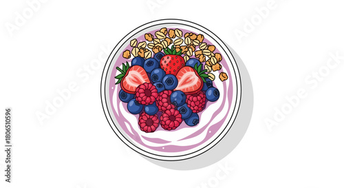 Vibrant Illustration of a Healthy Yogurt Bowl Topped with Fresh Mixed Berries and Crunchy Granola, Perfect for a Nutritious Breakfast or Snack