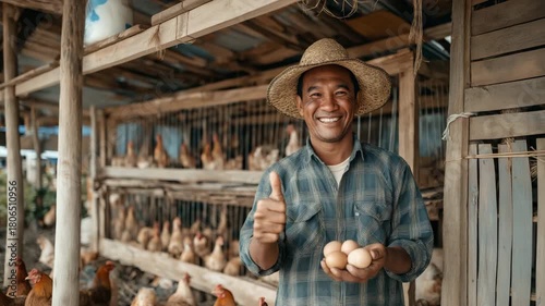 A joyful farmer just collected eggs in a chicken coop.