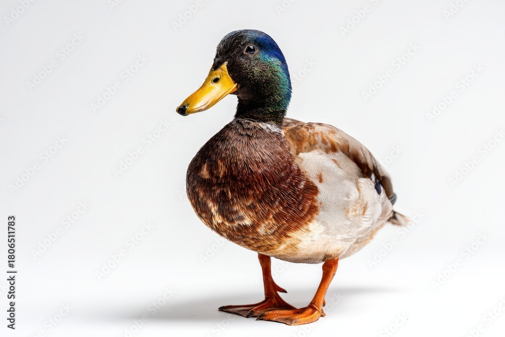 Obraz premium Colorful duck standing with glossy feathers on a bright background