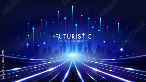 Futuristic city skyline with speed light trails and data streams. Technology and communication background.