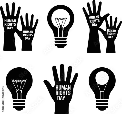 Set Of Human Rights Equality Diversity And Peace Icons Silhouettes Protesting People Heart Symbol Raised Arms Dove With Olive Branch Banner Vector Graphic Collection Isolated On White