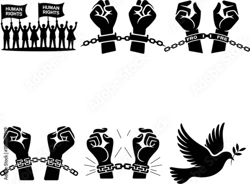 Human Rights And Community Unity Symbols Diverse People Protestors Banner Heart Symbol Hands Releasing Dove Minimalist Flat Design Element Pack For Infographics Websites Apps And Awareness