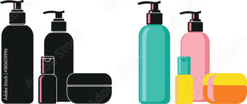 Assorted cosmetic product bottles and containers in a colorful arrangement