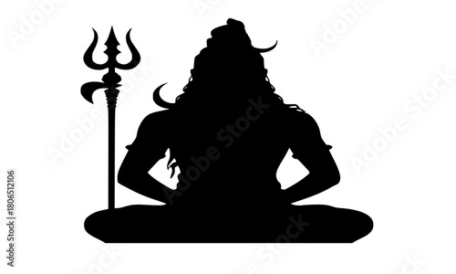 Lord Shiva Sitting in Lotus Position Meditation Silhouette, Hindu God with Trishula Trident and Crescent Moon, Isolated Vector Icon