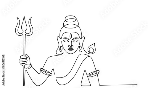 Lord Shiva Holding a Trident (Trishula) Continuous Line Drawing Vector, Hindu God Bholenath Single Line Art Icon, Indian Culture Symbol