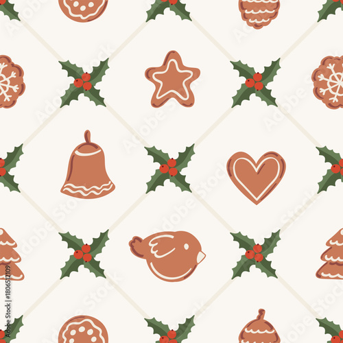 Gingerbread cookies and holly seamless vector pattern. Sweet pastries festive background. Print for New Year wrapping paper, fabric and textile.