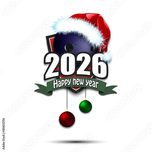 Happy new year 2026. Bowling logo template design. Bowling ball in santa hat. Design pattern for greeting card, banner, poster. Vector illustration on isolated background
