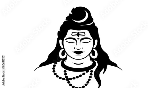 Lord Shiva Face in Meditation Vector Icon, Black and White Traditional Hindu God Symbol with Third Eye and Crescent Moon