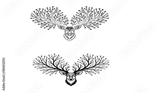 Deer Head with Elaborate Antlers Made of Tree Branches and Flowers, Nature and Forest Spirit Detailed Line Art and Silhouette Icon Set