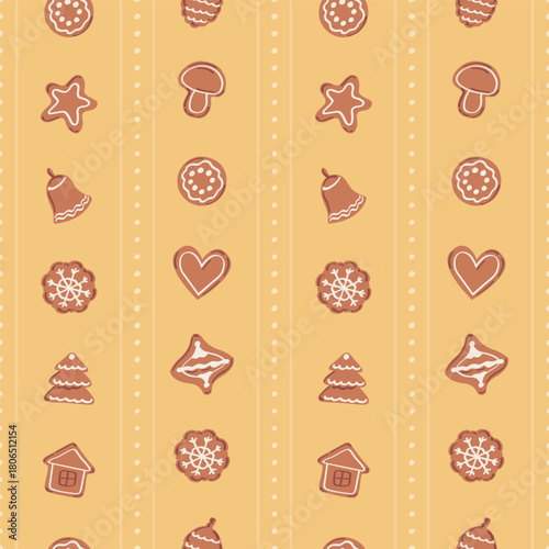 Seamless Christmas pattern with gingerbread cookies, dots and stripes on a yellow background. Vector illustration. Hand drawn print for festive wrapping paper, fabric and textile.
