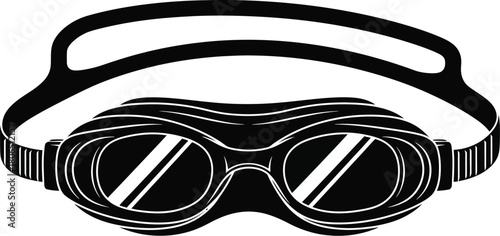 Black and white illustration of a pair of swimming goggles with a strap