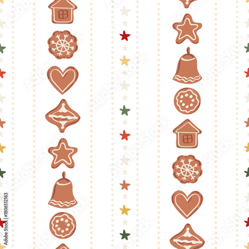 Seamless Christmas pattern with gingerbread cookies, stars and stripes on a white background. Vector illustration.