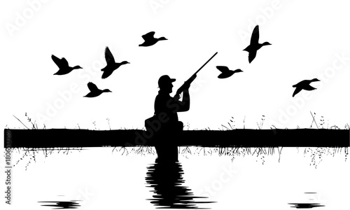 Duck Hunter Silhouette Standing in Water or Marsh, Firing Shotgun at Flying Ducks, Outdoor Sport Hunting Scene Vector