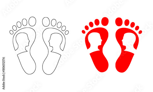 Footprints with Human Head Profile Icon Set, Outline and Red Silhouette of Bare Feet Symbolizing Connection or Personal Journey