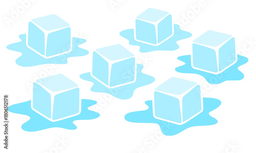 Set of Six Light Blue Ice Cubes Melting Puddles Cartoon Style Vector Graphic, Cold Frozen Water Elements for Drinks