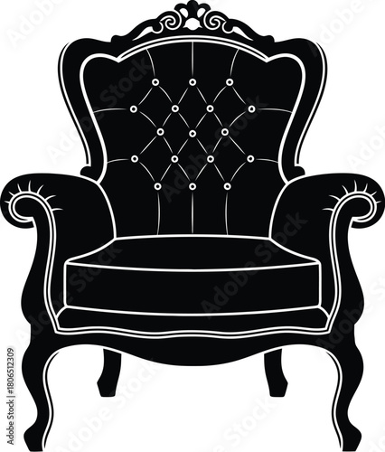 Elegant black and white silhouette of a vintage upholstered armchair