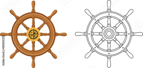 Two ship wheels are depicted one colored and one a line drawing