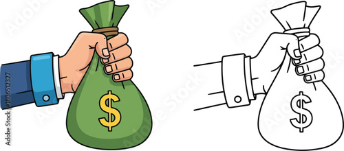 Hand holding money bag illustration with color and outlined versions shown