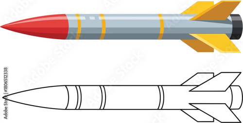 A colorful rocket illustration and its black and white outline version