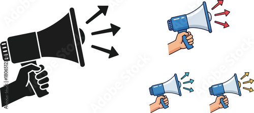 Illustrative depiction of hands holding and amplifying sound with megaphones