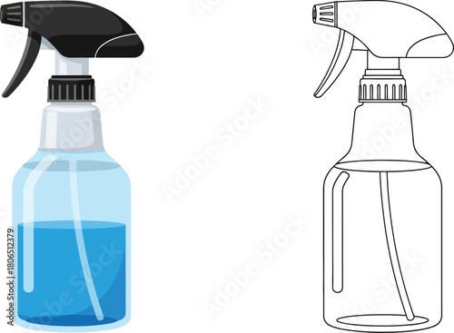 Spray bottle illustration a colored version alongside its line art counterpart