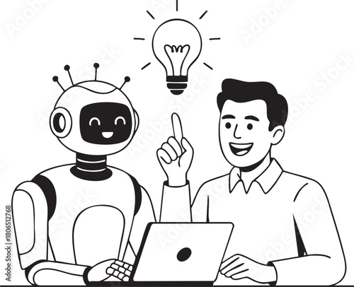 Human and AI Robot Working Together on Laptop Vector Illustration