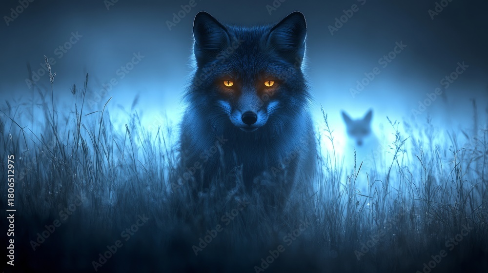 Obraz premium Two enchanting foxes emerge from the misty grasslands, their eyes aglow with an otherworldly light as dawn approaches