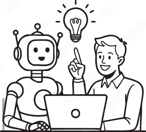  Human and AI Robot Working Together on Laptop Vector Illustration