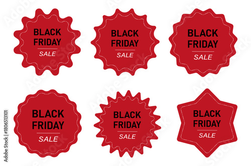 Black Friday sale badge set in red with various decorative shapes and dashed borders for marketing and advertising design