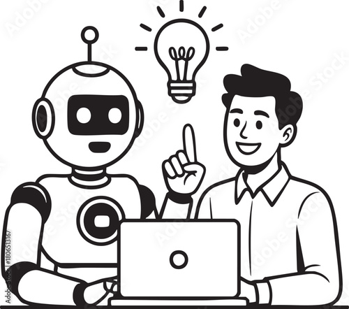  Human and AI Robot Working Together on Laptop Vector Illustration