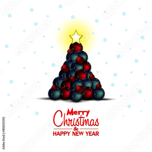 Merry Christmas and Happy New Year. Christmas tree made of bowling balls. Snowflakes on the background. Greeting card design template with for new year. Vector illustration
