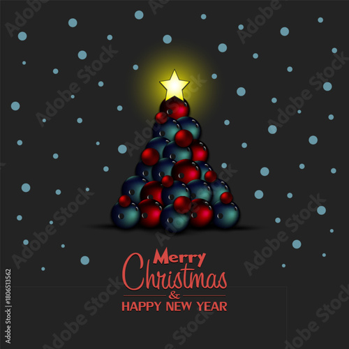 Merry Christmas and Happy New Year. Christmas tree made of bowling balls. Snowflakes on the background. Greeting card design template with for new year. Vector illustration