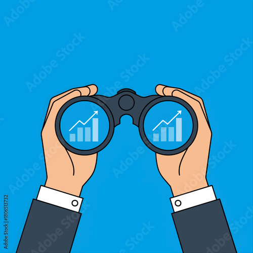 Vision for Business: A focused illustration of a person's hands holding binoculars, with ascending charts displayed within the lenses, symbolizing market analysis and vision for business growth.
