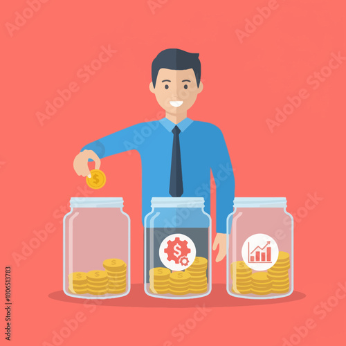 Investing for the Future: A visionary individual methodically allocates funds into a trio of transparent jars, symbolizing diverse financial strategies with an emphasis on growth.