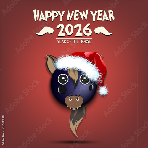 Happy New year. 2026 year of the horse. Cute muzzle horse in the form of a bowling ball. Bowling ball in the form of a horse. Greeting card design template. Vector illustration