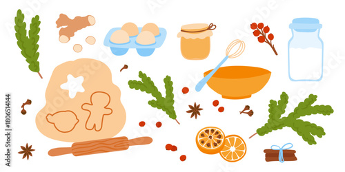 Christmas baking. Preparing for the winter holidays. Ingredient homemade cooking, tools, decoration. Hand drawn vector illustration set.