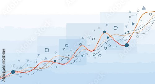 Dynamic visual illustrating data trends and patterns with geometric shapes and wavy lines