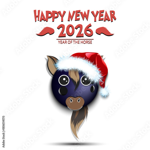 Happy New year. 2026 year of the horse. Cute muzzle horse in the form of a bowling ball. Bowling ball in the form of a horse. Greeting card design template. Vector illustration