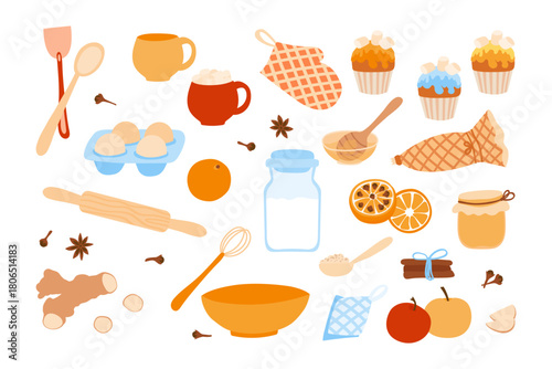 Kitchen collection for cooking bakery recipe, sugar and flour in jar, eggs, fruits and honey to bake cake on dessert. Ingredients, utensils and tools for baking set. Vector illustration.
